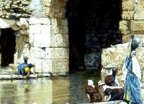 John 9, 7 Man born blind washing at Pool of Siloam in Jerusalem Excerpt of Art Source: James Tissot 1836-1902